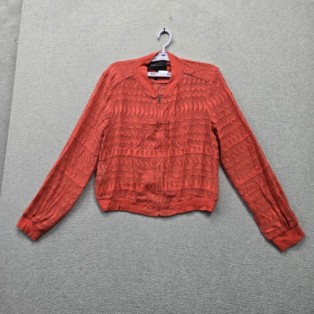 BCBGMAXAZRIA Women Jacket L Red Geometric Bomber Zipper  Lightweight